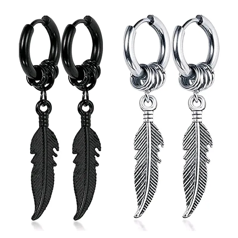 Anting Stud Titanium - Desain Liontin Bulu Ring Mewah Stylish Hip Hop Aksesoris Silver