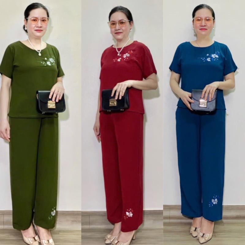 Đồ Bộ Trung Niên Cho Mẹ Cộc tay quần dài ống rộng chất đũi thêu Hoa Đào dành cho người lớn tuổi Nữ Women