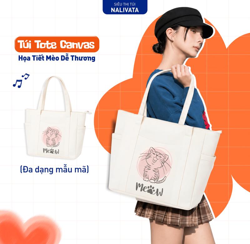 Túi Tote Canvas 40×30cm Dày Dặn 4 Ngăn Khóa Kéo – Túi Xách Nữ Cute Tiện Dụng Đi…