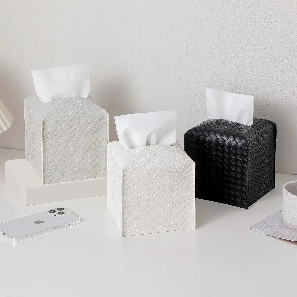 Light PU Leather Square Woven Tissue Box Foldable Nordic Style Tissue Holder Waterproof Napkin Holder Hotel