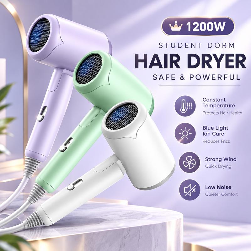 Máy sấy tóc dành cho sinh viên ký túc xá và gia đình, có ánh sáng xanh dương, hỗ trợ cả gió nóng và lạnh, thiết kế gấp gọn, dễ mang theo.