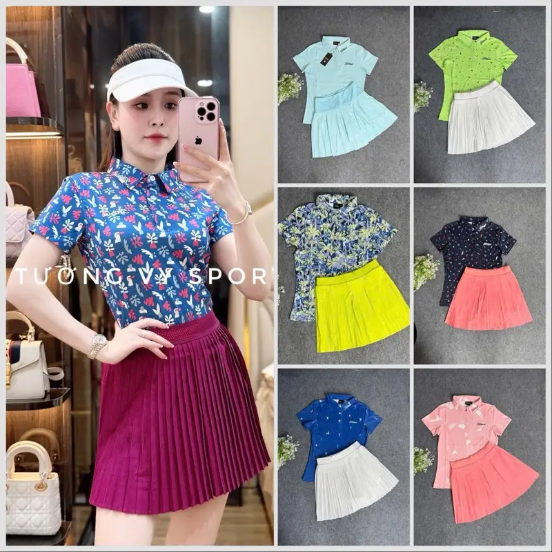 Sét thể thao nữ chơi Golf Tennis pickleball cầu lông chất thun co giãn mịn mát đẹp lên phom xinh váy bên trong có quần và túi