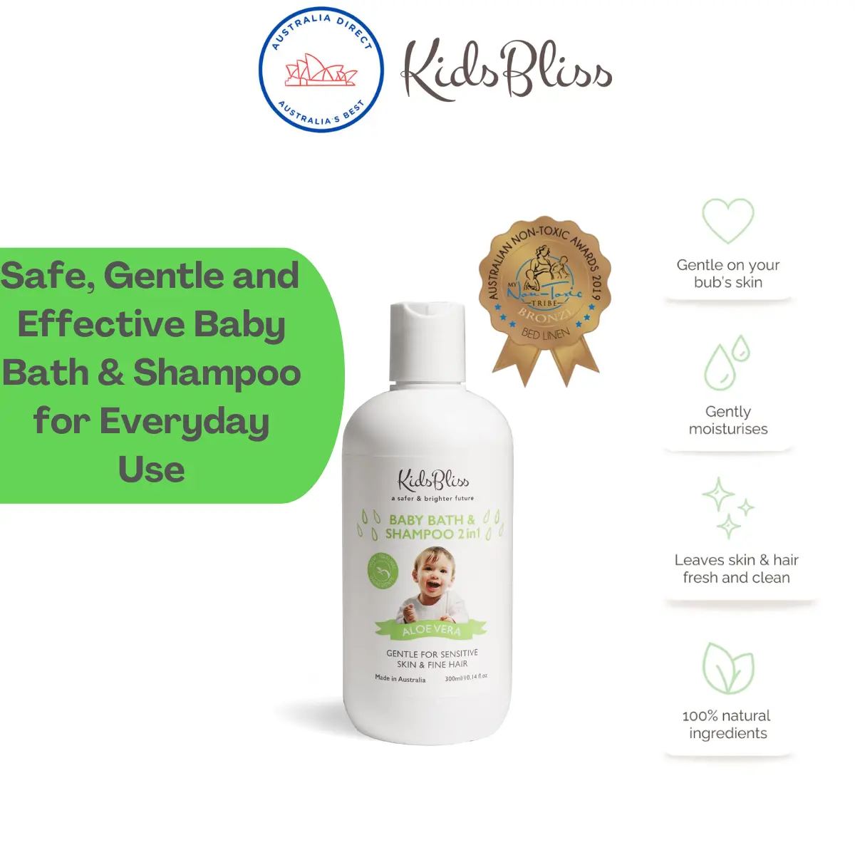 KidsBliss Organic Aloe Vera Baby Bath & Shampoo 2in1, 300ml