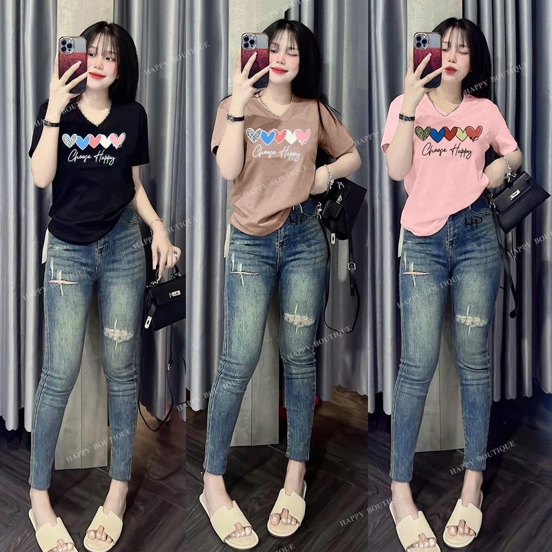 Áo Thun Thái Nữ [Mã A59] Form Vừa 35~55kg Chữ Cách Diệu Hình Tim, Cotton Mềm Mịn Mát [CHOOGE] Top Cổ Tim Women Màu Trắng