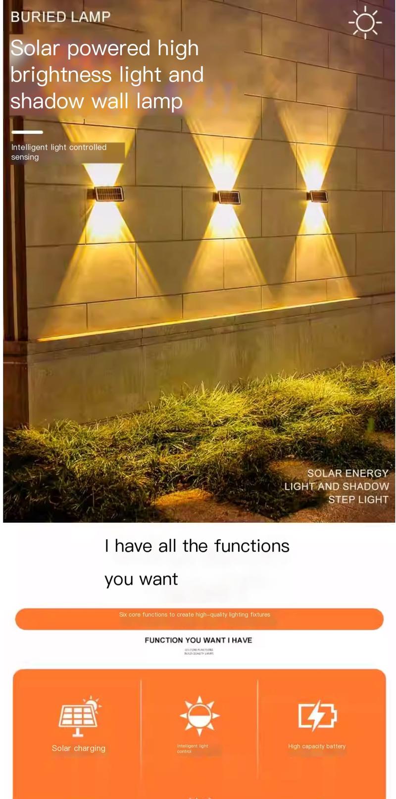 Product Introduction of Solar outdoor lights, household courtyard wall lights, waterproof wall washing lights, villa spotlights, double headed high brightness wall lights, up and down 0