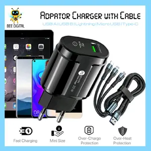 BEEDIGITAL COD Fullset Charger BLACK with 3in1 Cable Fast Charging USB Type C Lightning Pengisi Daya Cepat dengan Kabel