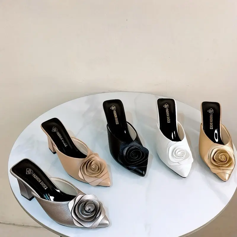 Giày Dép Trà My - Sục Bông Hồng Gót Vuông -Cao 7Cm&3cm  -Phong Cách Hiện Đại, Sang Trọng Nữ Shoes 0