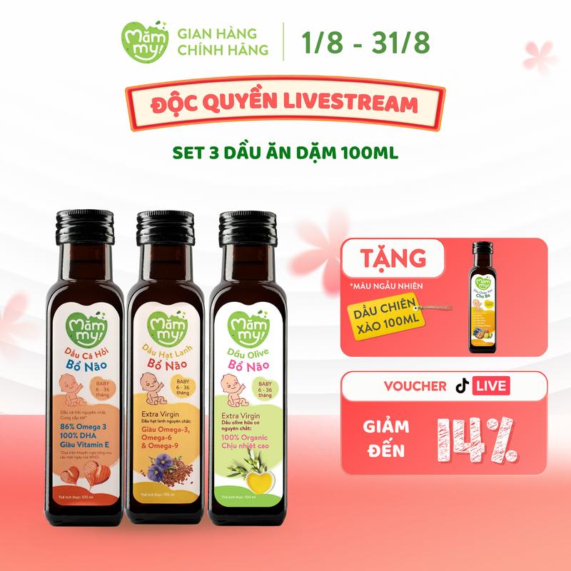 Combo 3 Dầu Ăn Dặm Mămmy (Cá Hồi, Hạt Lanh, Olive) Bổ Sung DHA, Omega Giúp Cho Bé Từ 6 Tháng Phát Triển Trí Não, Chai 100ml [CX]