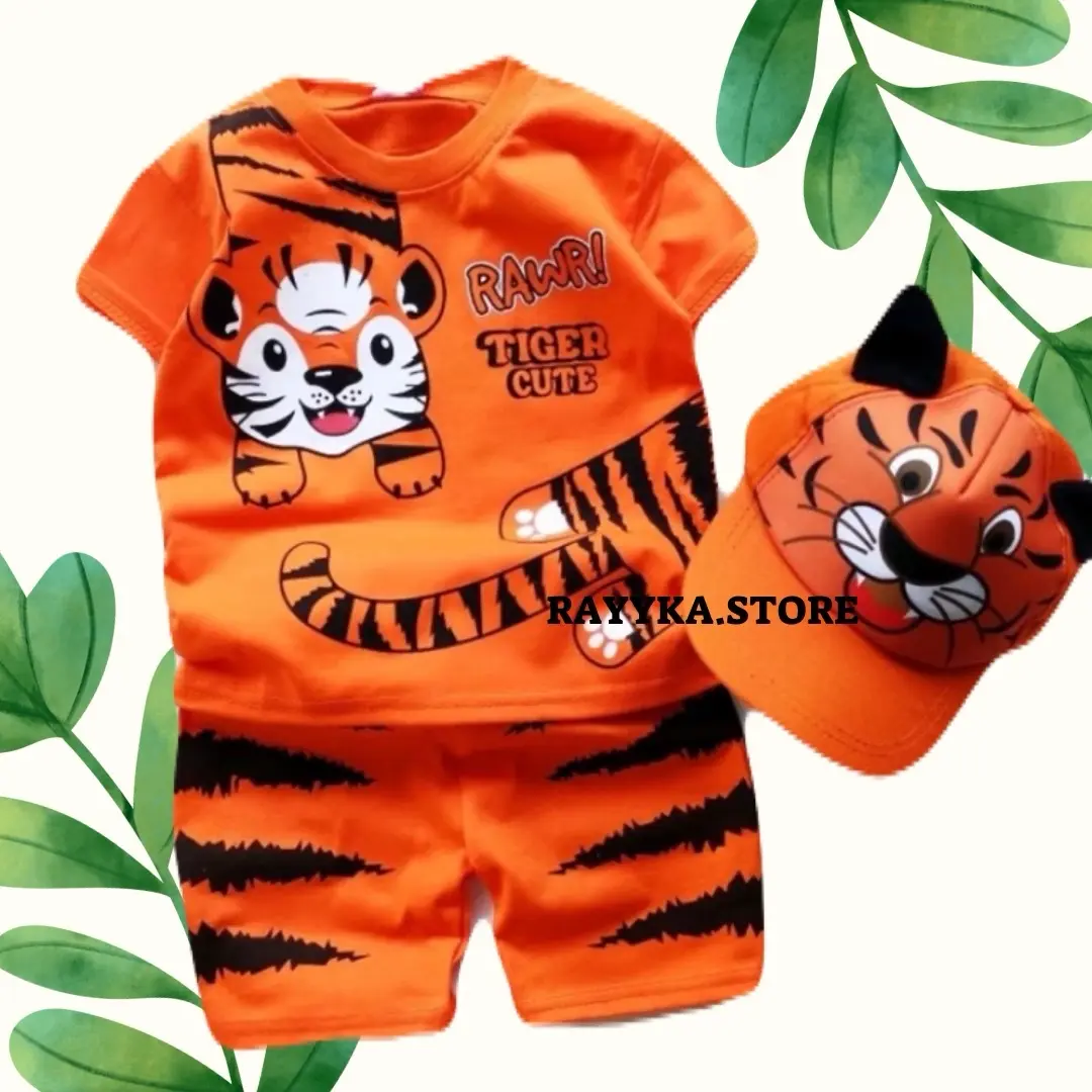 BAJU ANAK MOTIF MACAN SETELAN ANAK LAKI LAKI TIGER LUCU ADA TOPI UNTUK UMUR 1-10 TAHUN Bayi Katun Laki-Laki Parsel