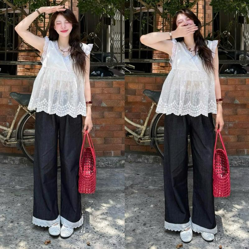 Bò giấy mài bạc Quần jeans nữ ống suông bò giấy chất mềm phối ren gấu QC3525