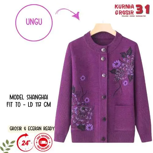Sweater Ibu Krah Shanghai Krah Daun Motif Bunga / Baju Hangat Wanita / Pakaian Casual Rajut Halus Kancing Kerah Berkualitas 6