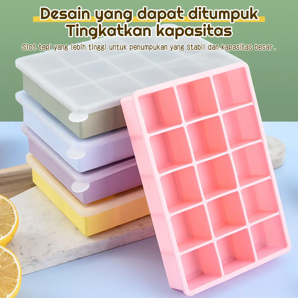 BAMBINO Cetakan Es Batu Silikon BPA Free Cetakan Wadah Mpasi 15Grid Ice Cube Tray Silicone Cetakan es batu rumah tangga Kotak Biru Pink