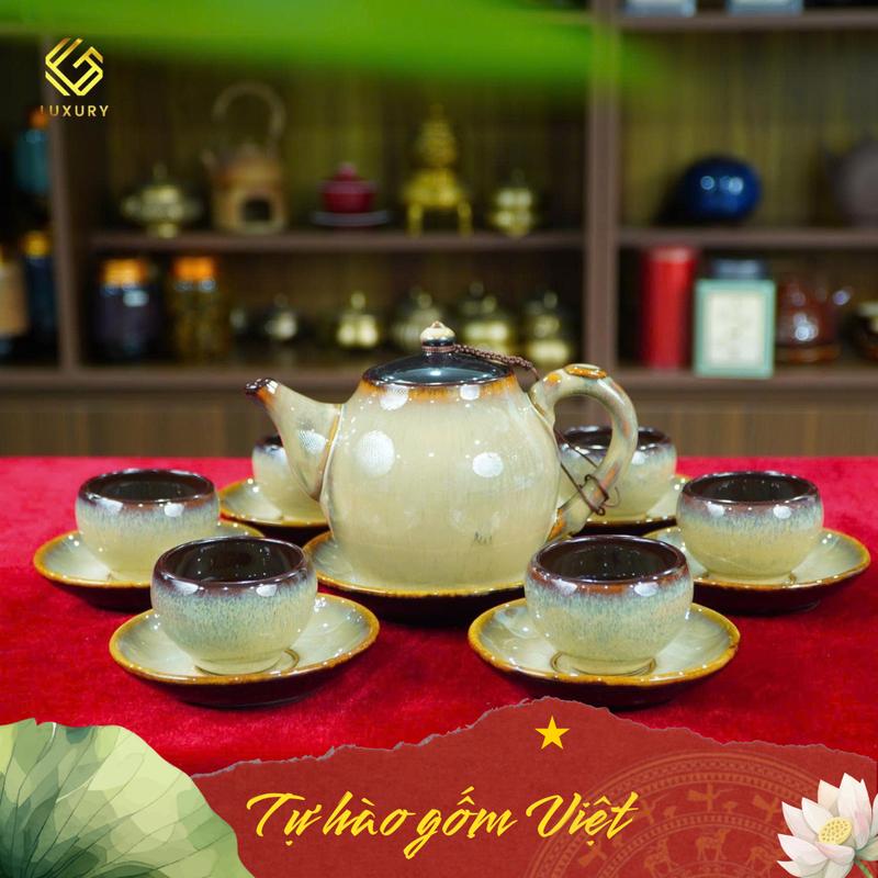  Bộ Ấm Chén Bầu Gấm Nghệ Nhân Nguyễn Thị Hoa Ấm Chén Bát Tràng - Gốm sứ Luxury 