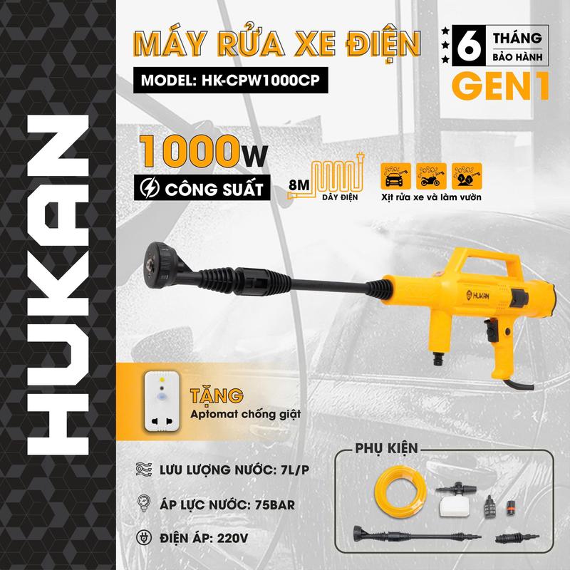[DEAL HỜI] Máy rửa xe công suất 1000w Hukan, tặng bộ cắm điện chống giật, Tốc độ: 0-75BAR, lưu lượng 7l/ph