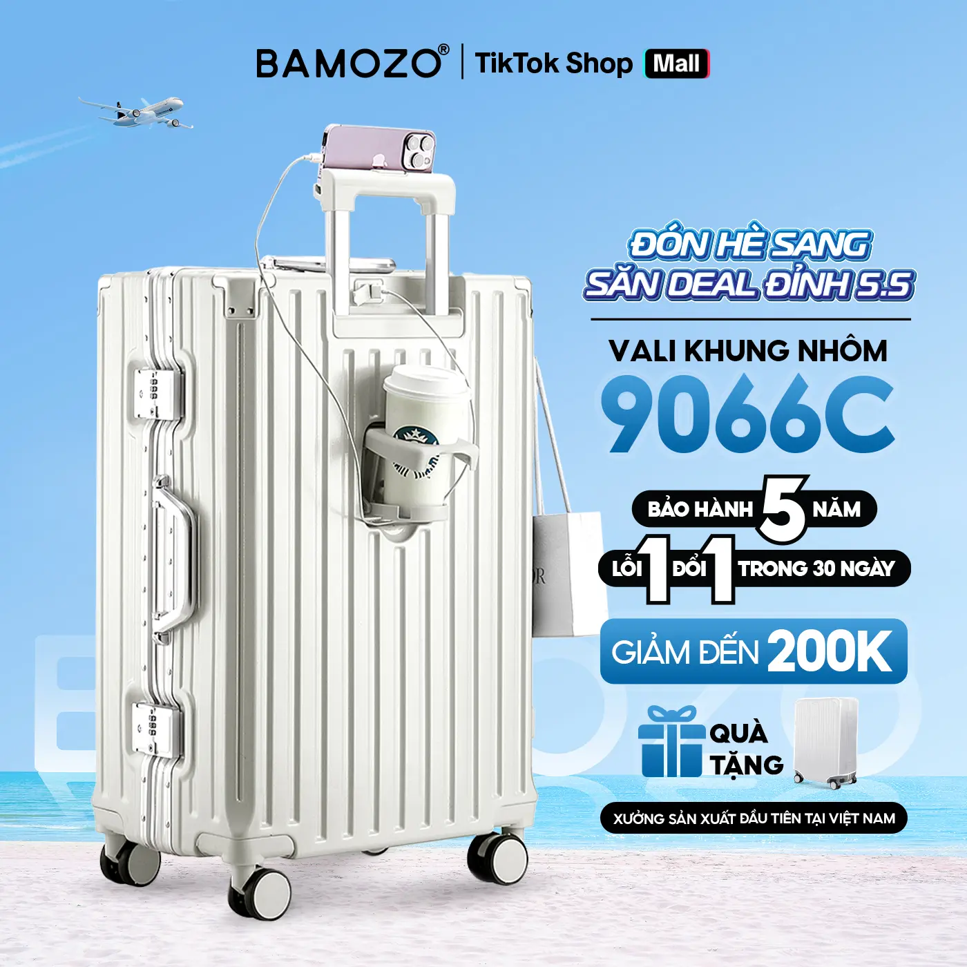 [GIÁ SỐC 5/5] Vali Việt Bamozo Khung Nhôm 9066 Size 20/24 Nhựa PC Nguyên Khối 4 Bánh Xoay 360 Độ Đổi Được Mật Khẩu Bọc Kim Loại 4 Góc