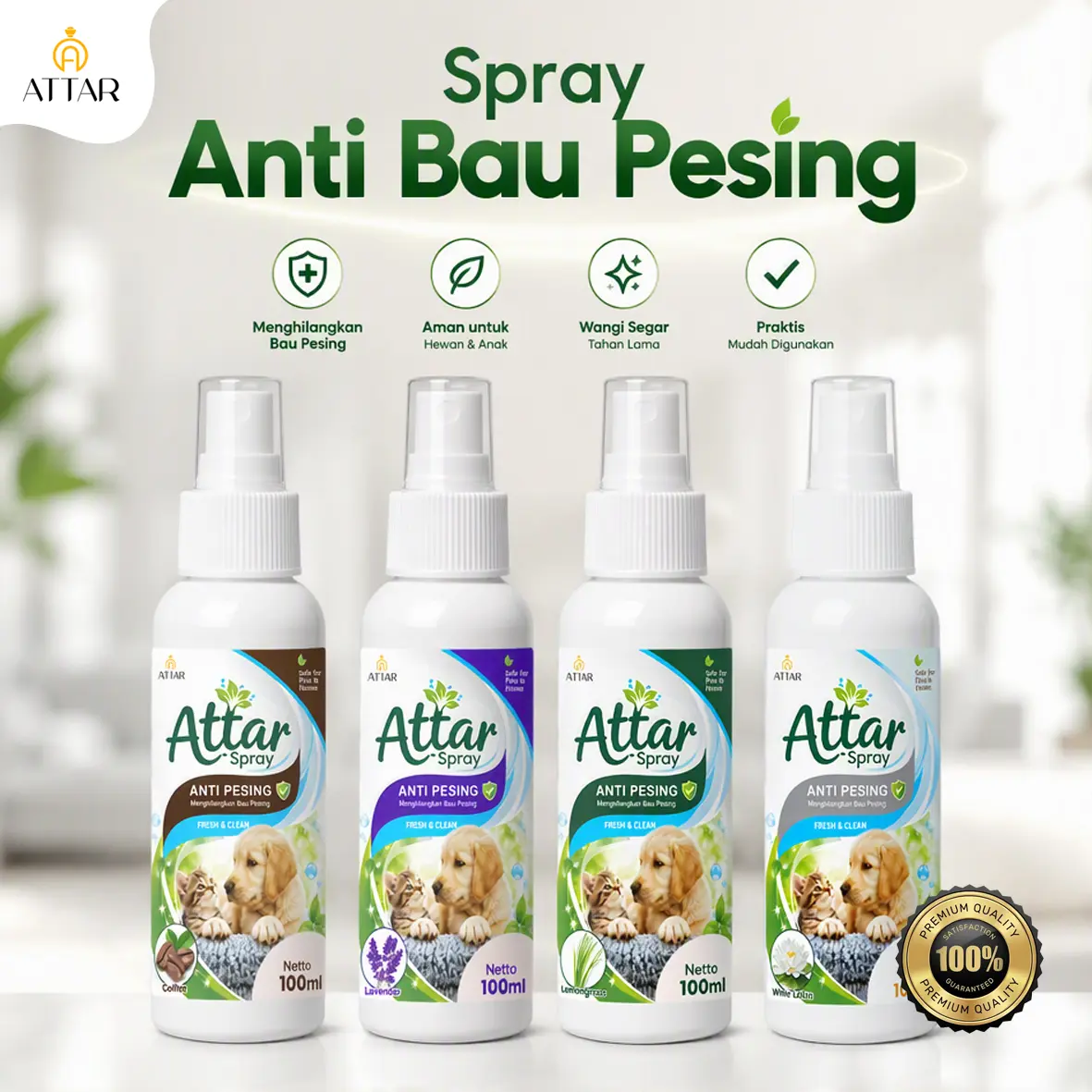 Attar Spray Penghilang Bau Pesing untuk hewan & Rumah 100ml aroma segar anti bakteri tanpa alkohol