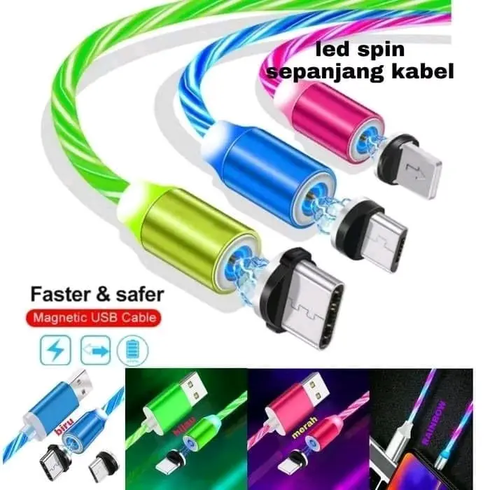 KABEL DATA CHARGER MAGNETIK DENGAN LAMPU LED DENGAN 3 VARIASI COLOLAM  MICRO USB, TYPE C & LIGHTING SUPPORT CHARGER CEPAT PENUH KUALITAS 100% BAGUS ORI