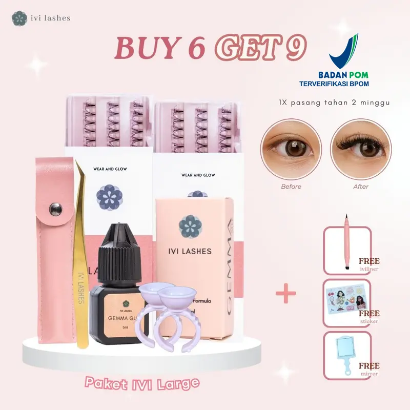 IVI LASHES, PAKET LARGE (2 box eyelash + 1 BPOM Lem Gemma kekuatan 2 - 4 minggu + pinset Premium Gold) 0