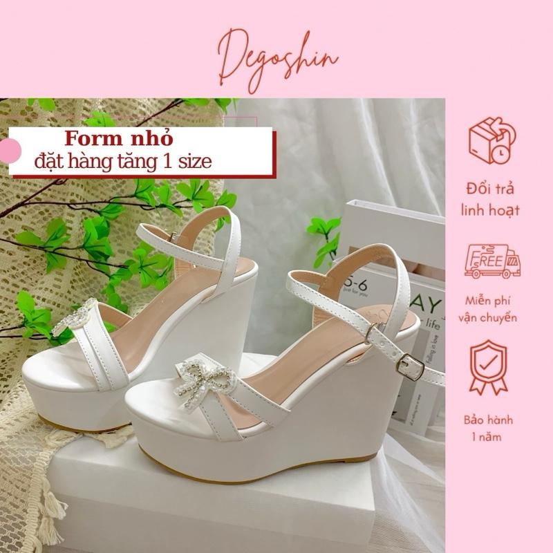 Giày cưới đế xuồng 12cm nhẹ êm đính nơ cườm thiết kế bởi Degoshin form nhỏ tăng 1 size