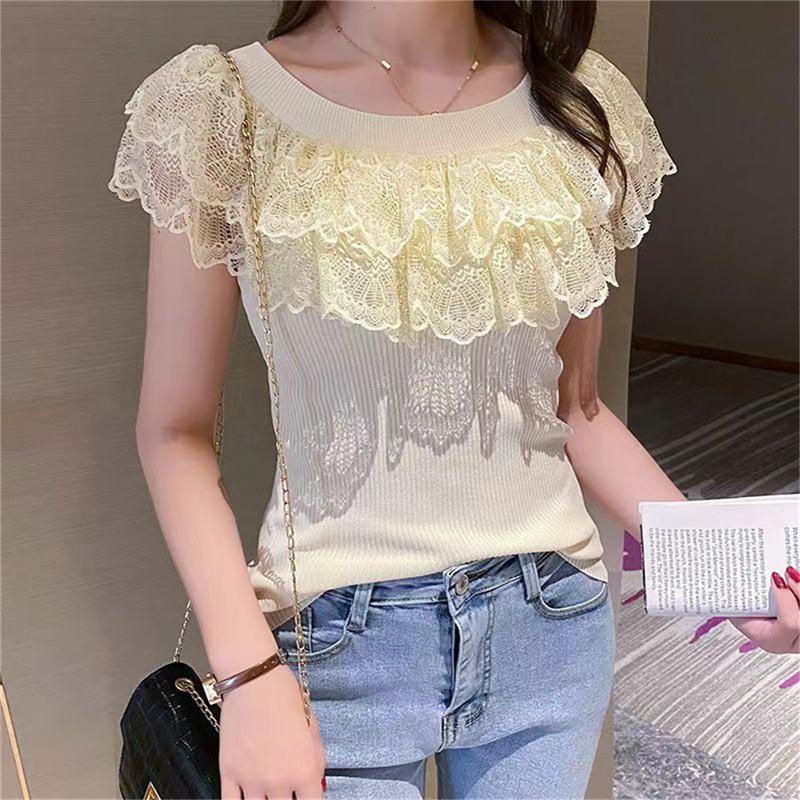 Áo Thun Thường Ngày Gợi Cảm, Chất Liệu Gạc Chắp Vá, ngắn Tay, Thiết Kế Trễ Vai Và Xẻ Tà, Dáng Ôm, Thích Hợp Cho Mùa Hè 1