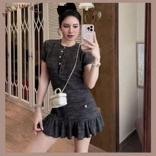 [ĐỦSIZE 38-70kg] Váy Nữ Len Tiêu Tay Ngắn Hoạ Tiết Thêu Ngựa Chân Váy Bèo Xinh ( tặng kèm quần bảo hộ)