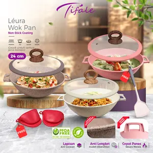 Tifale Léura Wok Pan 24cm - Wajan Anti Lengket Serbaguna PFOA Free + Bonus Spatula dan anti panas