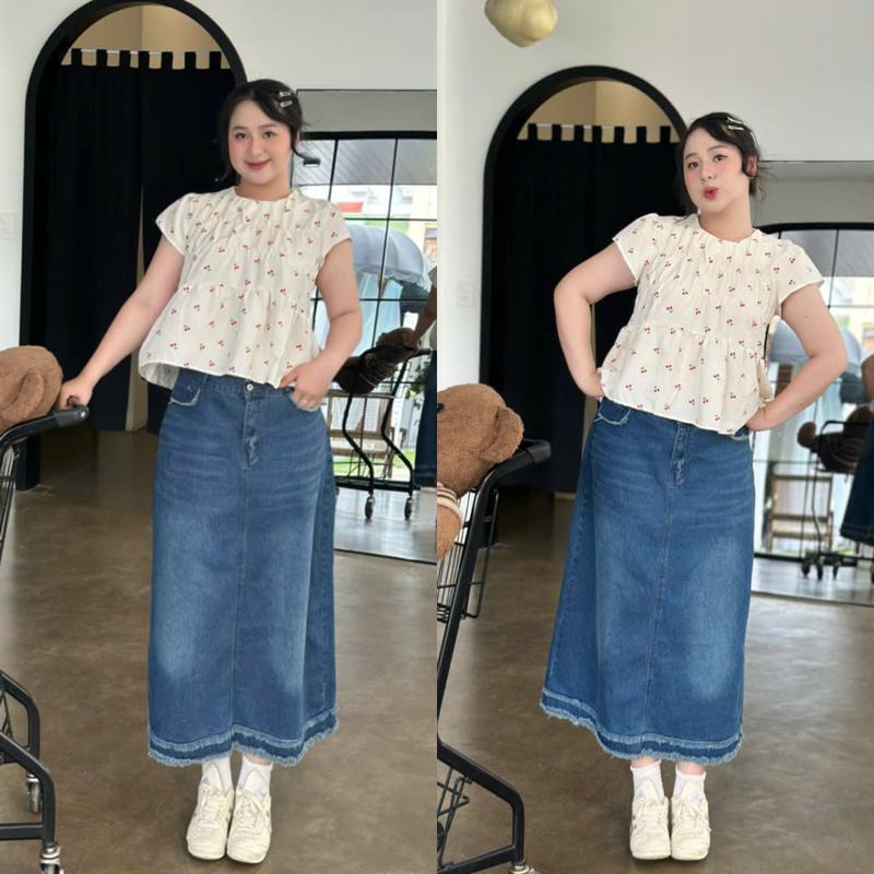  Moli Jeans - Chân Váy jean Dài Cạp Cao Dáng Dài Tua Rua 55-90kg Rẻ Đẹp Xẻ Sau 0028 Nữ Denim Women Cotton chânváy bò a-line skirts váy jean bigsize 