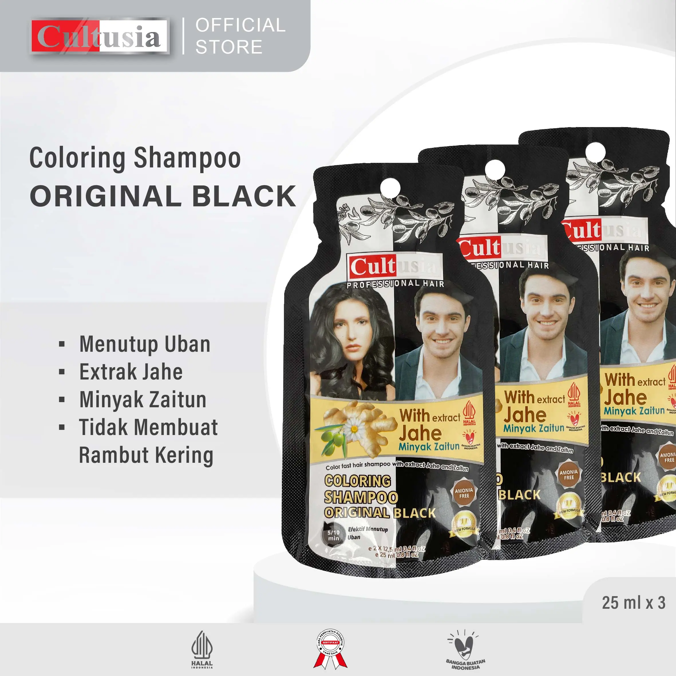 (Isi 3 pcs) Cultusia Shampoo Sachet 25ml Original Black with Ekstrak Jahe & Minyak Zaitun