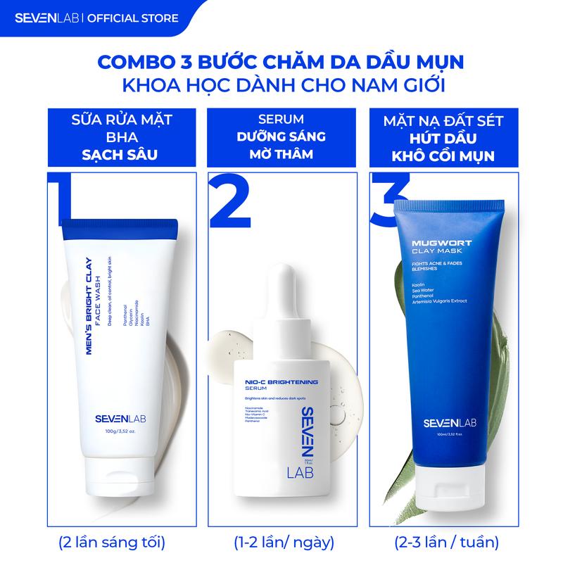 Combo 3 sữa rửa mặt ngừa mụn, mặt nạ đất sét ngải cứu và serum dưỡng trắng da nam giới SEVENLAB