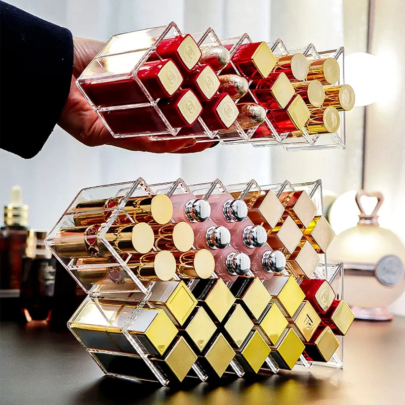 Acrylic Lipstick Holder Organizer 10/16 Slots Clear Lip Gloss Fish Shape Tower Case Display Stand Storage Box Makeup Cosmetic Racks
