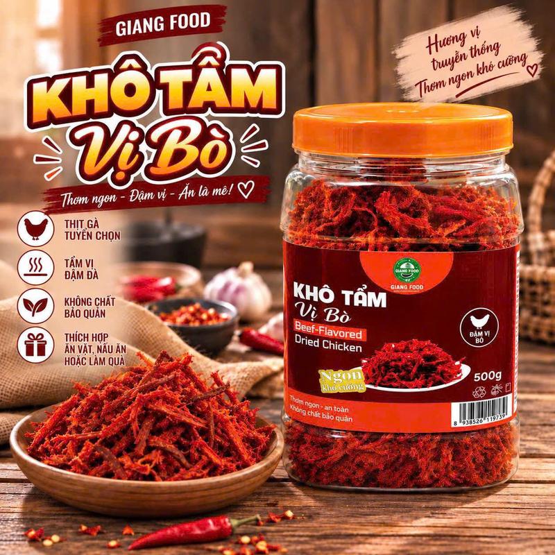 KHÔ GÀ TẨM VỊ BÒ SỢI ĐỎ -HỦ 500G