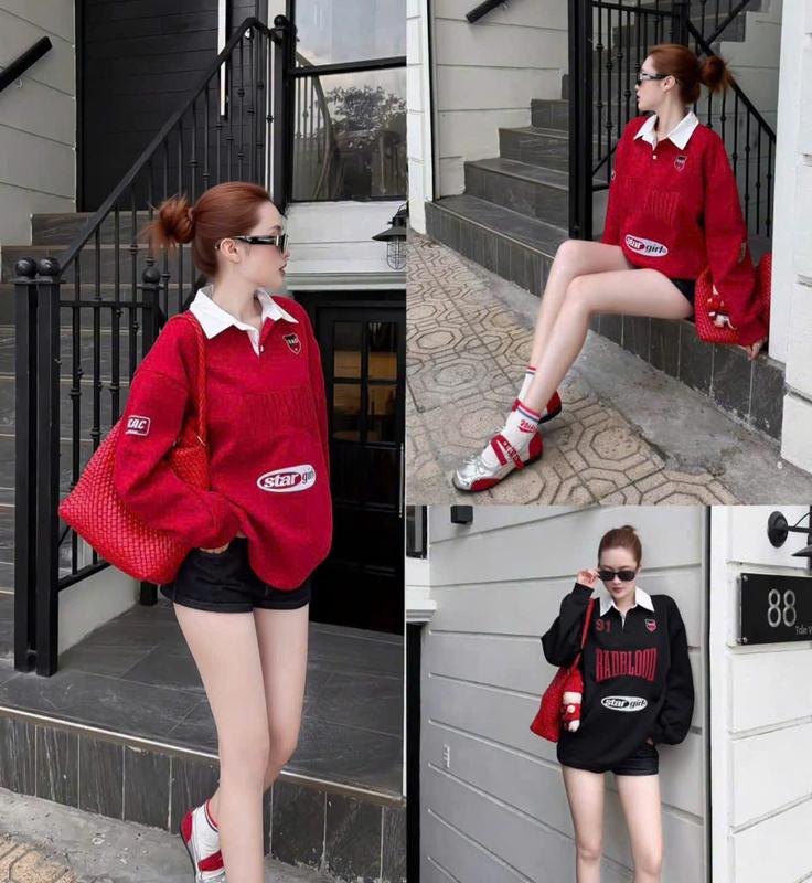 Áo sweater polo nam nữ phom rộng dài tay phối cổ chất nỉ dày phong cách vintage