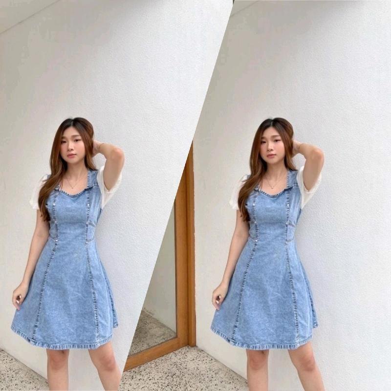 Rif Gallery Dress Jeans Mix Satin Denim Nyaman Untuk BB 45-85kg Lembut dan Mewah Material Denim Wash Original Sakuratex Size L dan XL