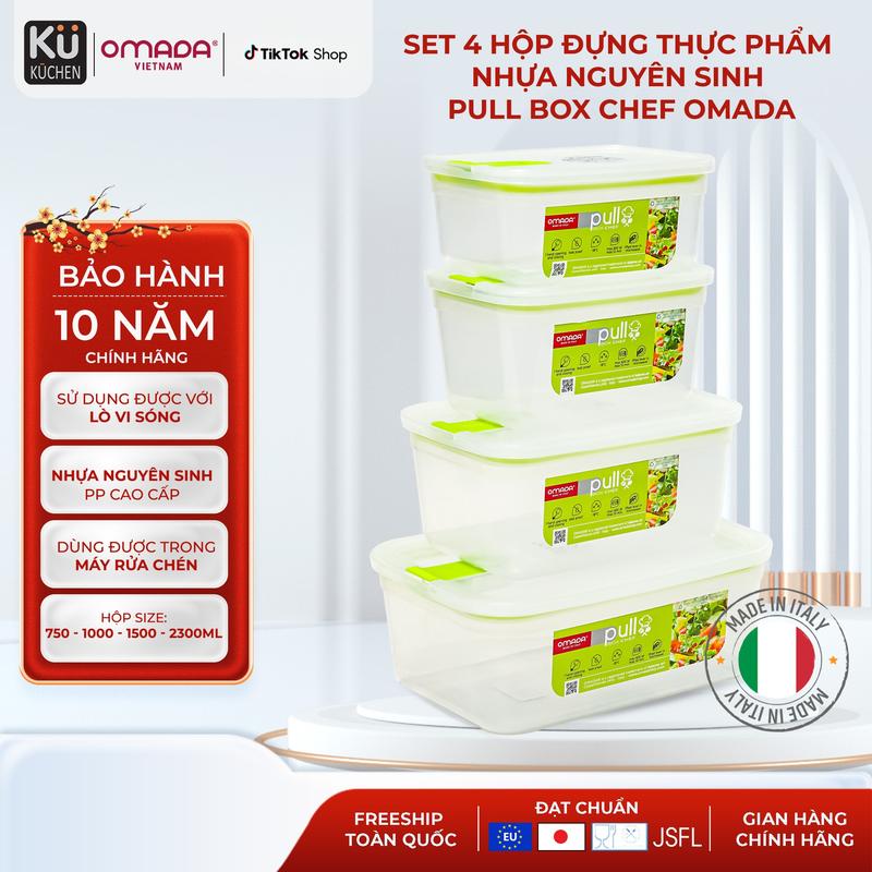 Set 4 hộp đựng thực phẩm nhựa nguyên sinh cao cấp Pull Box Chef OMADA sản xuất 100% tại Italy - Vàng chanh
