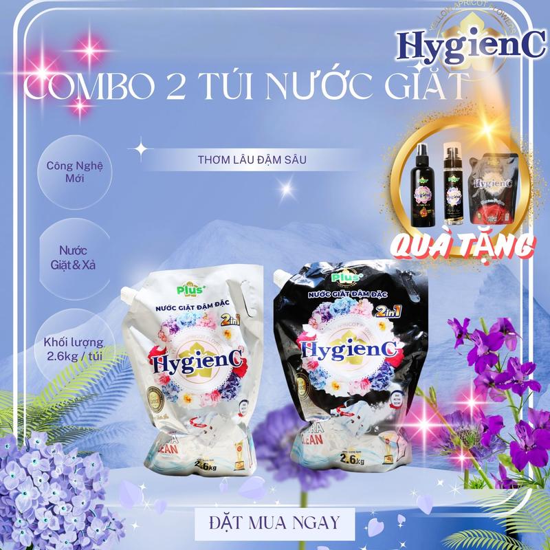  Hot ComBo 2 Túi Nước giặt HygienC Plus đậm đặc công nghệ thái lan - Dung tích 2600ml Làm Sạch  Tặng 1 Chai Nước Rửa Chén - 1 BoDymist - 1 túi xả 200ml  
