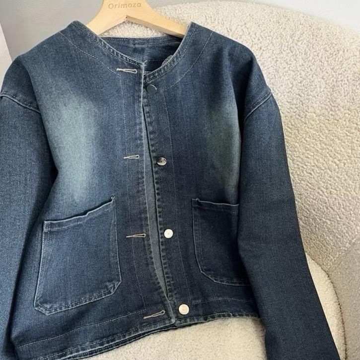 Keki Jacket Jeans Semi Crop Wanita Jaket Panjang Oversize Kancing 3
