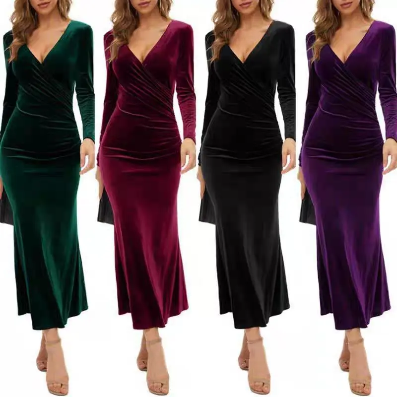 Gaun Velvet Elegan dengan Lengan Panjang dan Desain V-Neck Bawahan Mermaid Duyung untuk Tampilan Mewah dan Stylish