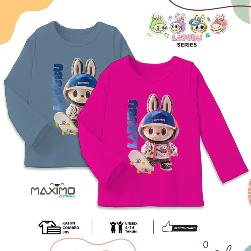 Kaos Baju Labubu Anak Skate Lengan Panjang Usia 4-12 Tahun Bahan Katun Combed 3