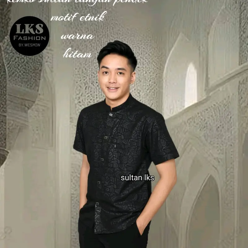 Kemko sultan atau  Koko tangan pendek  Atasan Pria Dewasa motif etnik depan kancing vareasi bahan  Katun embos berkualitas terbaik Nyaman di pakai Baju Hitam 0