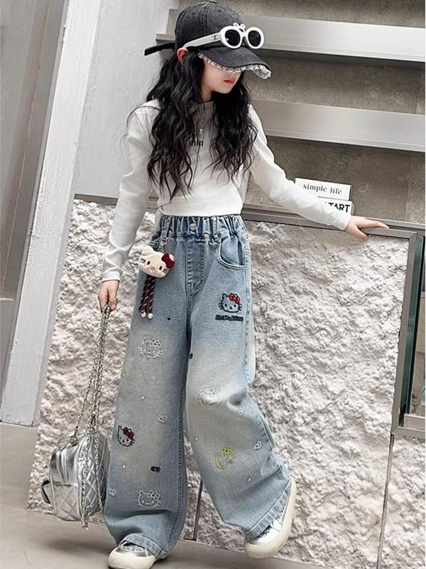  Quần JEAN Nữ Xuông   20kg - 50kg  .Phù Hợp Cho Bé 5 - 15 Tuổi Thiết Kế Thời Trang Sành Điệu  Với Chi Tiết Thêu Hello Kitty Dễ Thương 