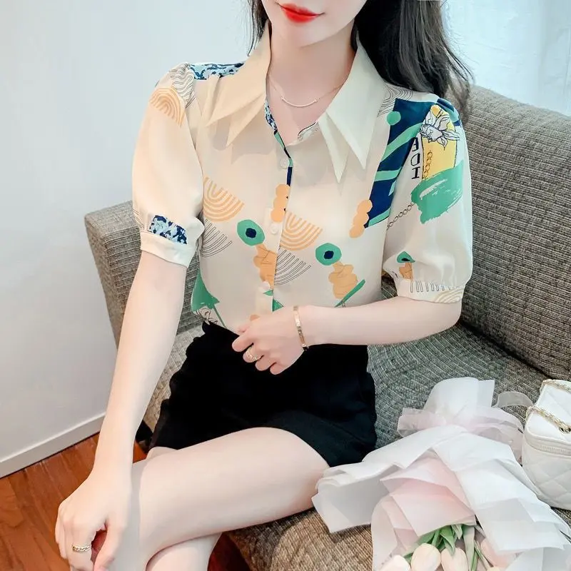 Áo Sơ Mi In Họa Tiết, Thời Trang Mùa Hè Mới, Áo Voan Nữ, Ngắn Tay, Che Vết Bỏng, Ngọt Ngào Và Tự Nhiên, Cao Cấp, Phong Cách Bó Sát Women Top Voi Shirt Nhung Cat