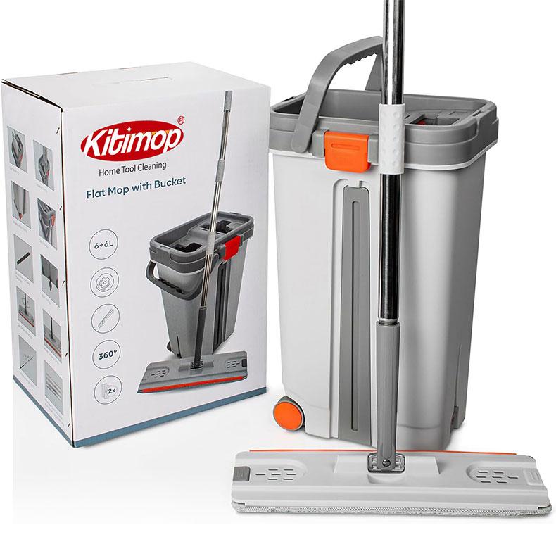 Bộ Cây Lau Nhà KITIMOP PRO MAX Thùng 2 Ngăn Tự Vắt Thông Minh Chổi Lau Nhà Xoay 360 Độ 3 Bông Lau