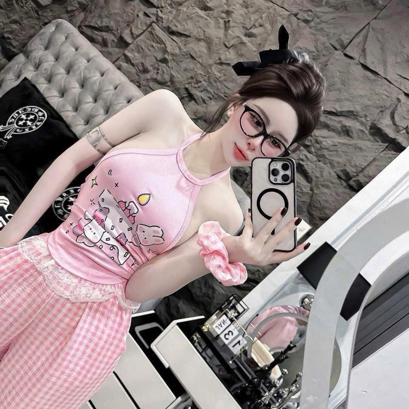 Set áo yếm hồng mix quần caro cạp ren siêu xinh 2