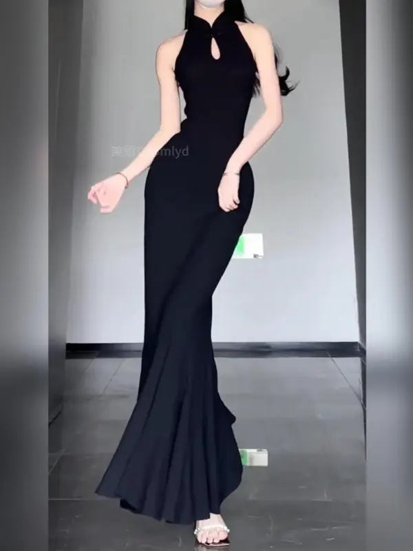 Đầm dài Sườn Xám 2024 Hiện Đại Cho Phụ Nữ Không Tay Bodycon Thanh Lịch Sexy Thiết Kế Thời Trang Quần Áo Truyền Thống Căng Ra Màu Đen tiệc tối buổi tối trang trọng Women Dress 1