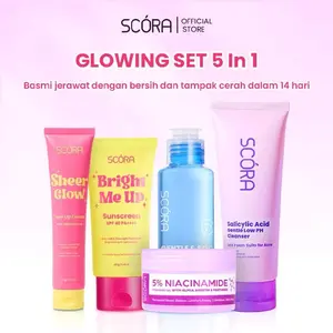 Glowing Set 5 In 1 Scora 5% Niacinamide Hydramoist Gel + Sunscreen Scora + Micellar Water Scora + Tone Up Cream Scora + Gentle Cleanser Scora | Paket Skincare Scora 5in1 Lengkap