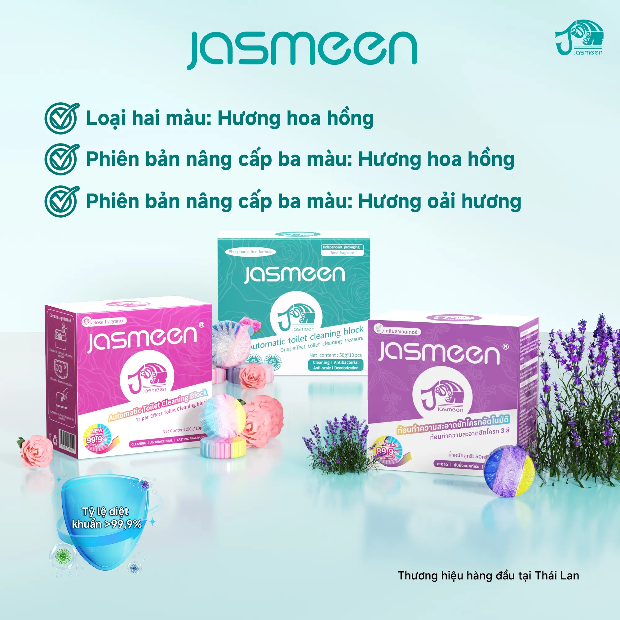 JASMEEN VIÊN SẠCH TOILET 3 MÀU- LÀM SẠCH MẢNG BÁM-VẾT Ổ VÀNG,-KHỬ TRÙNG- KHỬ MÙI BỒN CẦU THẾ HỆ MỚI-VIÊN THẢ BỒN VỆ SINH-TẤY ĐA NĂNG-NƯỚC TẨY RỬA BỒN CẦU-GEL THƠM BỒN CẦU-VIÊN TREO THƠM BỒN CẦU- nuoctay boncau - 1