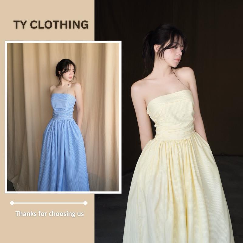 Đầm sọc xếp ngực- Hàng thiết kế- màu Xanh/Vàng- TYCLOTHING 0