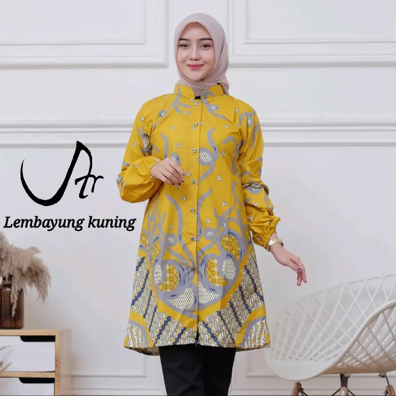Baju Batik Wanita  Atasan Tunik Modern Lengan Balon Karet Kancing Depan Full Kerah Shanghai 0