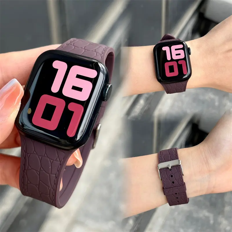 Dây đeo đồng hồ silicon với kết cấu cá sấu, dây đeo cho Apple Watch S9 /8/7/6/5/4/3/ 2 / 1 SE2 ULTRA, thiết kế khóa pin, dây đeo thay thế silicon mềm cho iWatch 49MM 45 44 42 41 40 38 3