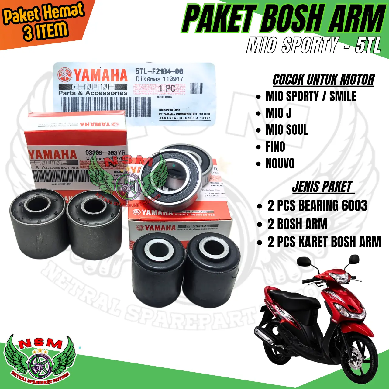 PAKET 3ITEM 5TL BOSH ARM MIO SPORTY+2PCS BEARING 6003+ KARET MONTING MIO SPORTY,MIO SMILE,MIO SOUL,NOUVO,FINO KARBU
